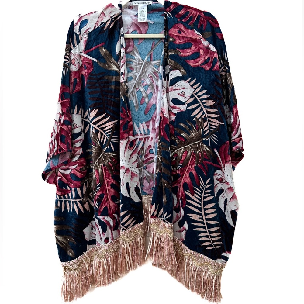 Kimono, velvet colorful print, arm holes, fringe along hemline, mid length - Picture 5 of 8